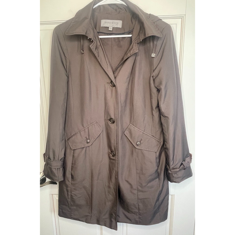 Anne Klein Women's Trench Jacket Sz S Lined Pockets Hooded Modern City Lt Weight